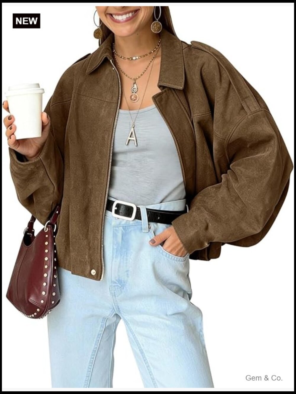 Oversized Faux Suede Bomber Jacket Cropped Zip Up Streetwear - Picture 1 of 7